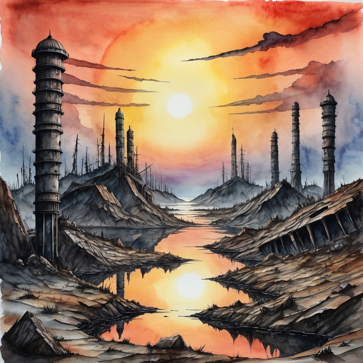 post-apocalyptic sunset at the end of the world of the new dawn aquarelle drawing